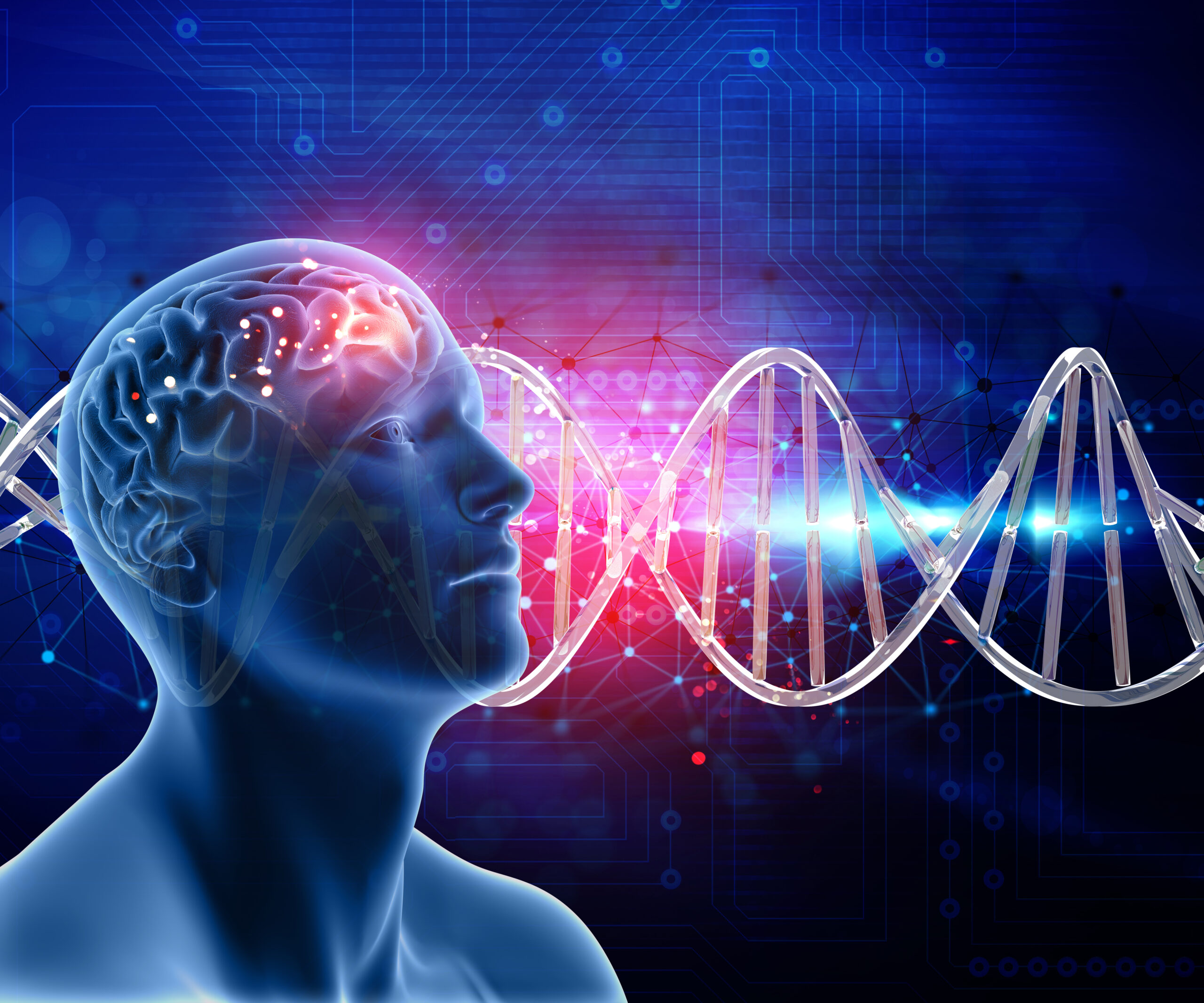fundo medico 3d com cabeca masculina e cerebro em fios de dna scaled